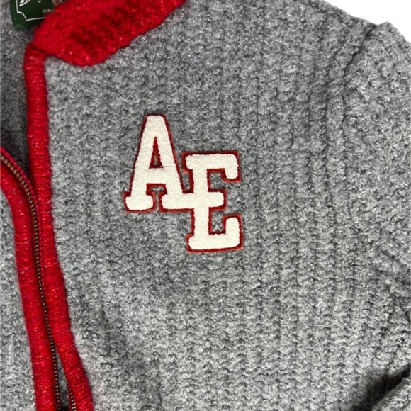 American Eagle Varsity Cropped Grey Ribbed Knit Shawl Collar Zip Sweater MED NWT - Picture 4 of 10